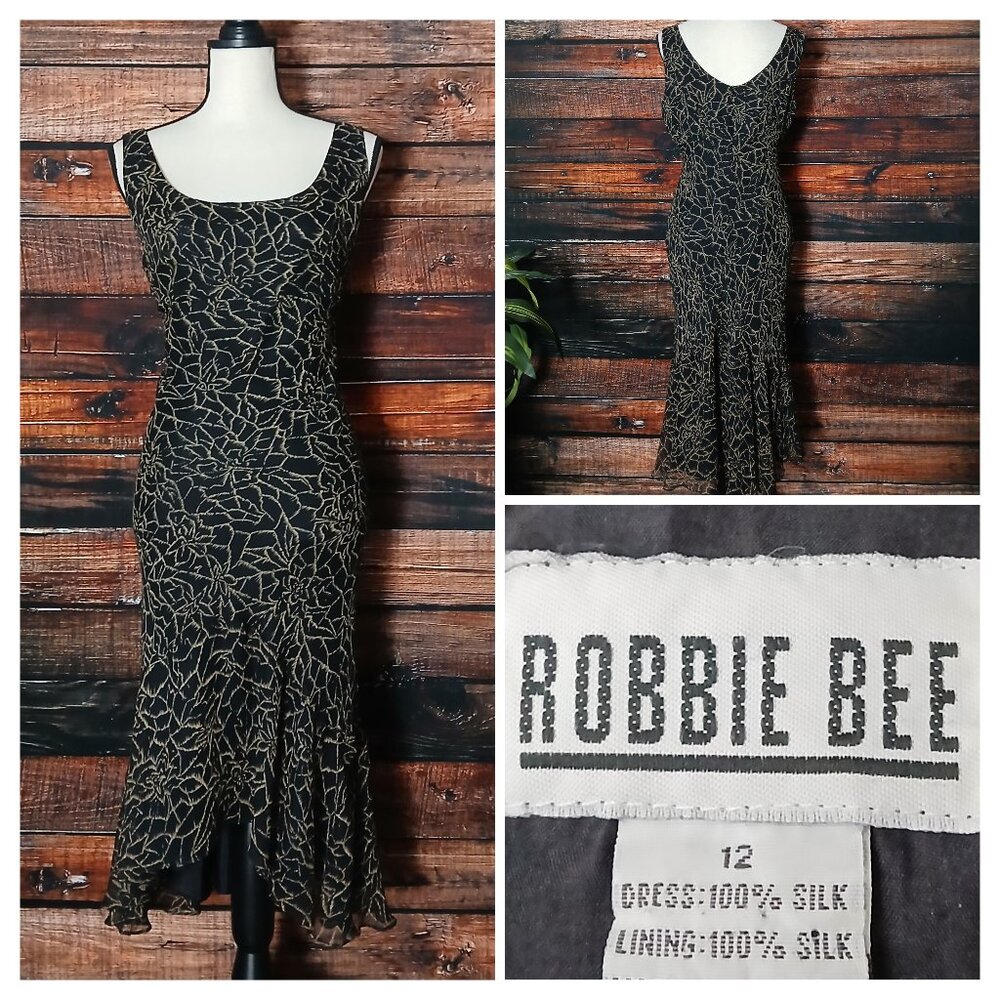 Robbie Bee Vintage Silk Midi Dress 12 Black Tan Abstract Floral Retro Flare